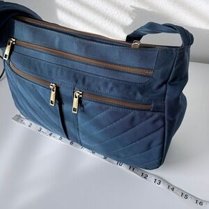 Travelon Quilted Crossbody Bag Blue Nylon Shoulder Purse Multi Zip Organizer